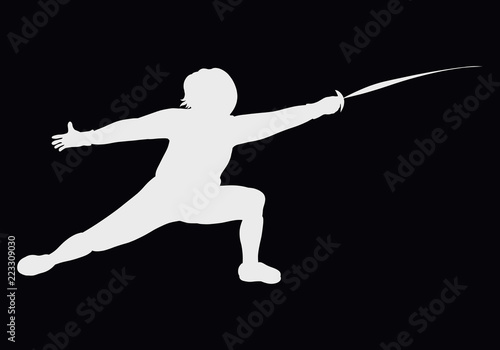 White silhouette of an athlete with a saber on a black background