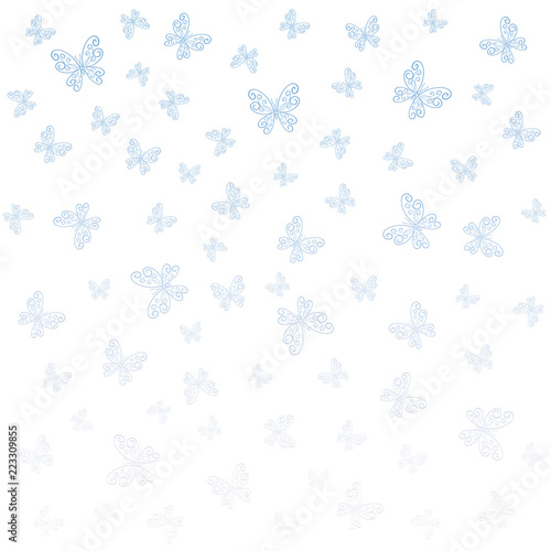 White background with blue patterned butterflies like snowflakes
