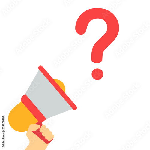 QUESTION MARK SYMBOL Announcement. Hand Holding Megaphone With Speech Bubble