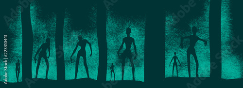 Zombie silhouettes in dark forest. Halloween theme background. Grain noise effect photo