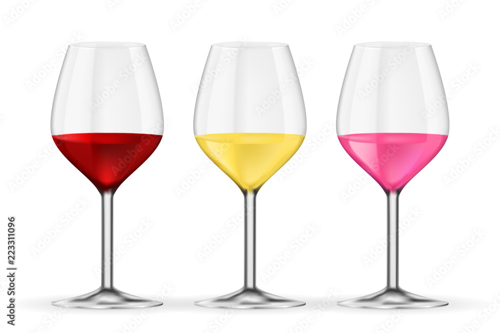 Glass of wine. Red, white and rose wine. Vector 3d illustration isolated on white background Glass of wine. Red, white and rose wine. Vector 3d illustration isolated on white background