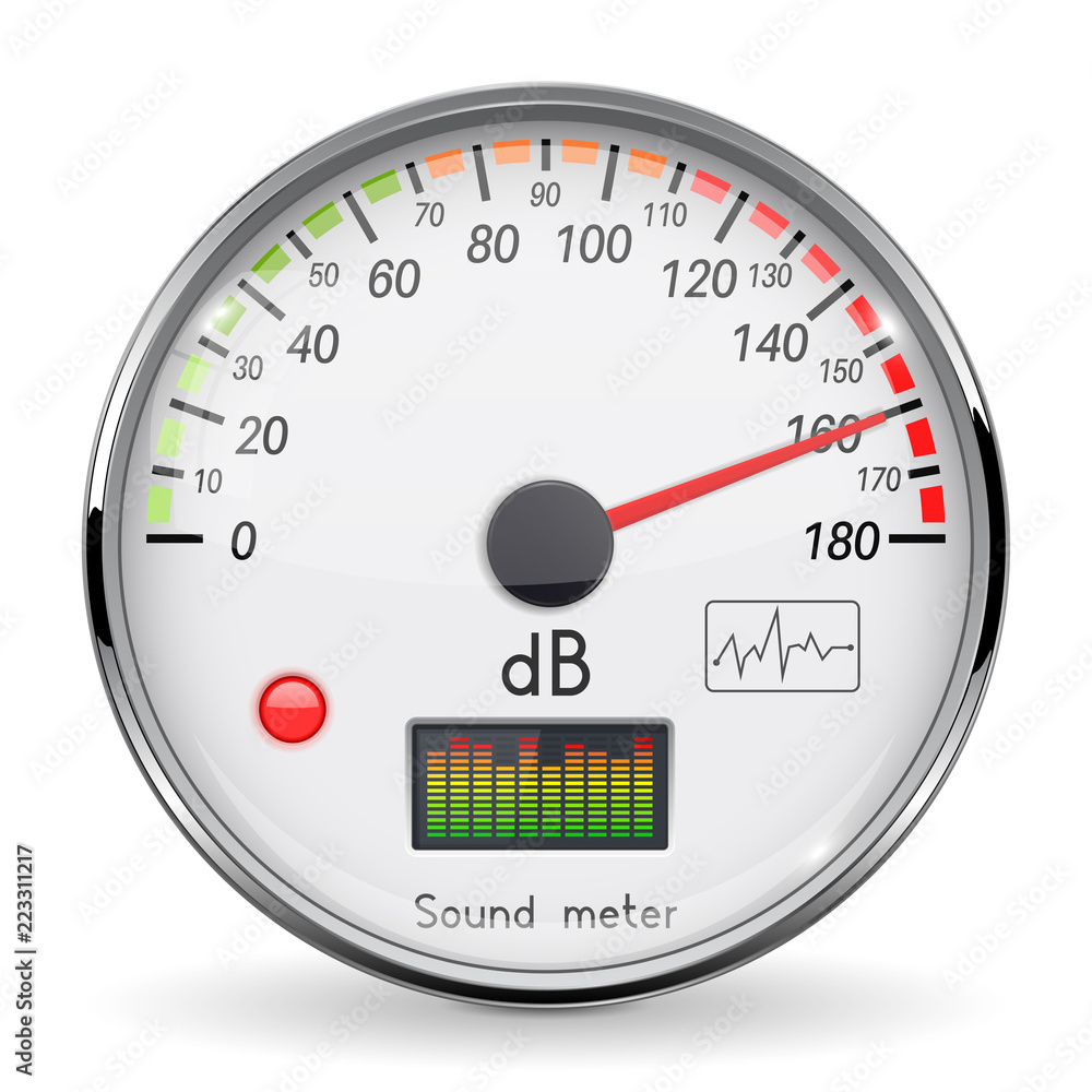Decibel gauge. Volume unit on high level. Glass gauge with chrome frame Decibel gauge. Volume unit on high level. Glass gauge with chrome frame