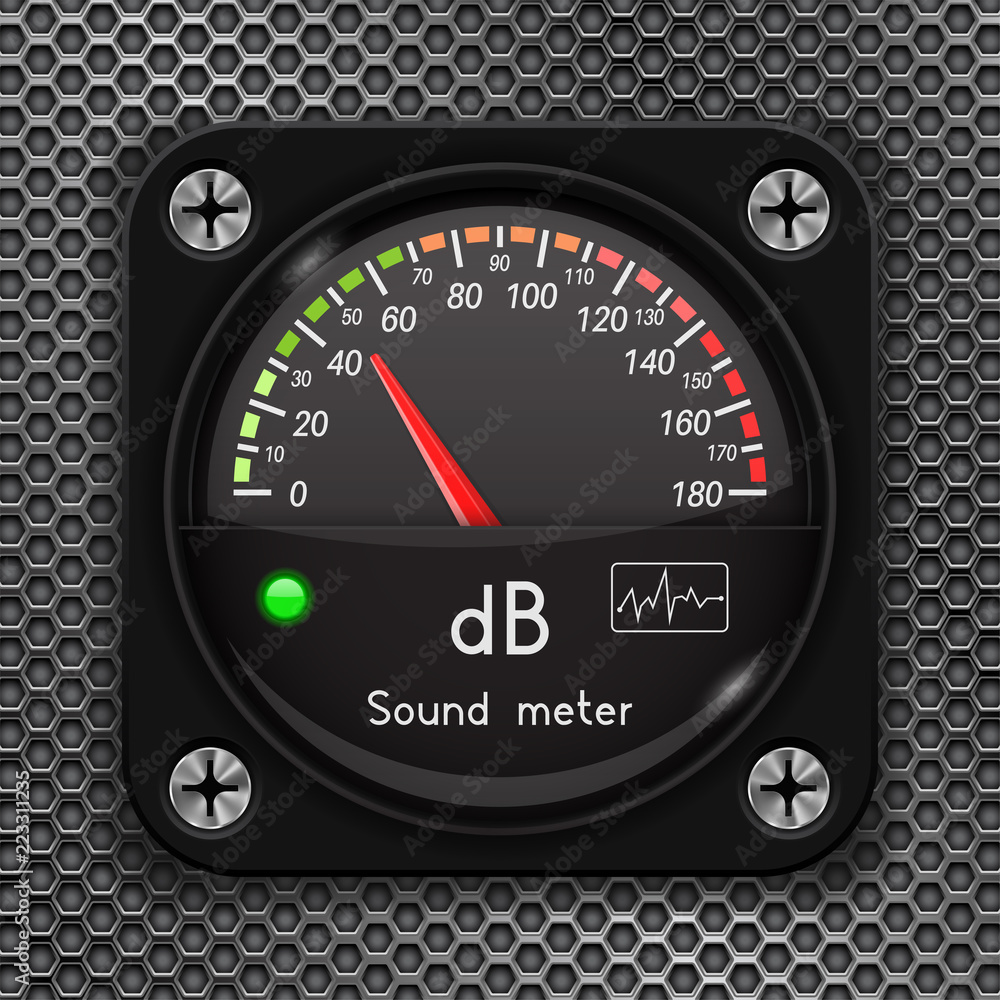 Volume unit meter. Decibel gauge. Sound audio equipment on metal perforated background Volume unit meter. Decibel gauge. Sound audio equipment on metal perforated background