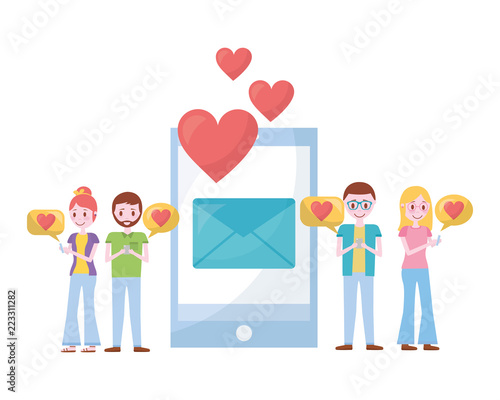 young couples with smartphone and set icons