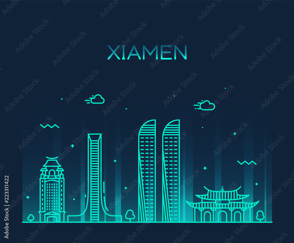 Fototapeta Xiamen skyline China vector linear style city