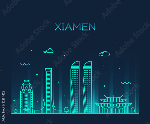 Xiamen skyline China vector linear style city