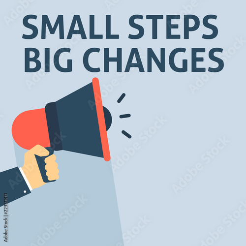 SMALL STEPS BIG CHANGES Announcement. Hand Holding Megaphone With Speech Bubble