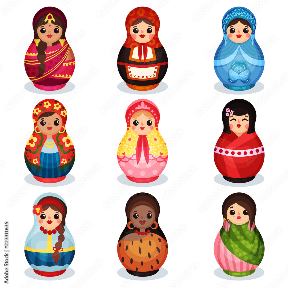 Nesting dolls set, wooden matryoshka in colorful costumes of different countries vector Illustration isolated on a white background Nesting dolls set, wooden matryoshka in colorful costumes of different countries vector Illustration isolated on a white background