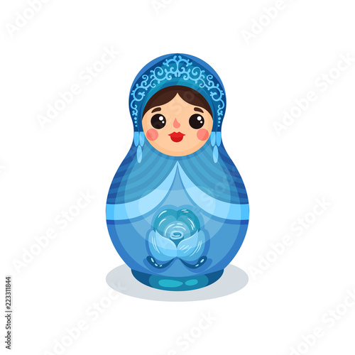 Nesting doll, Russian wooden matryoshka with Gzhel ornament vector Illustration on a white background