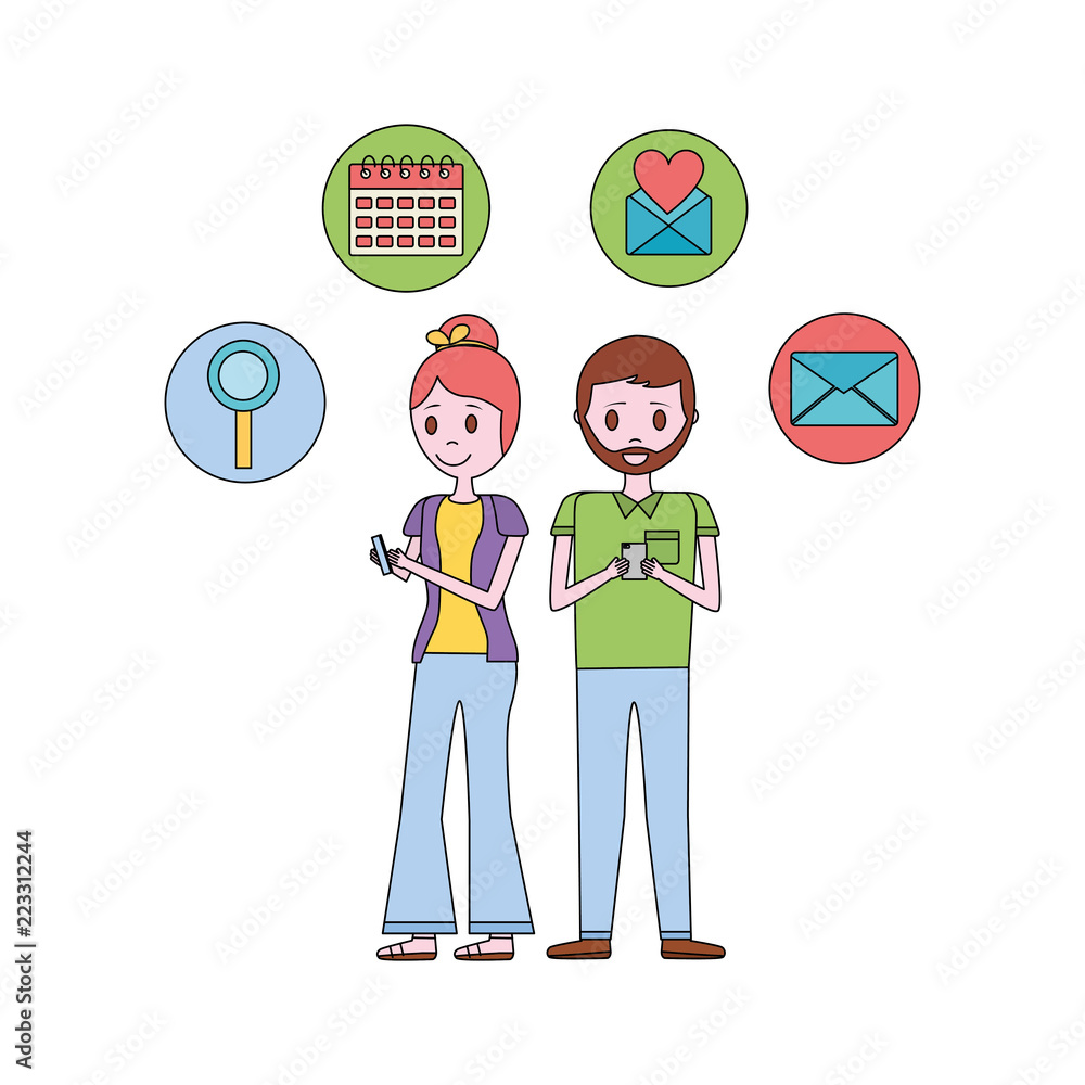 young couple with set icons avatar character young couple with set icons avatar character