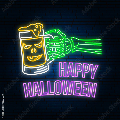 Happy Halloween neon sign or emblem. Vector illustration. Happy Halloween light banner with Skeleton hand