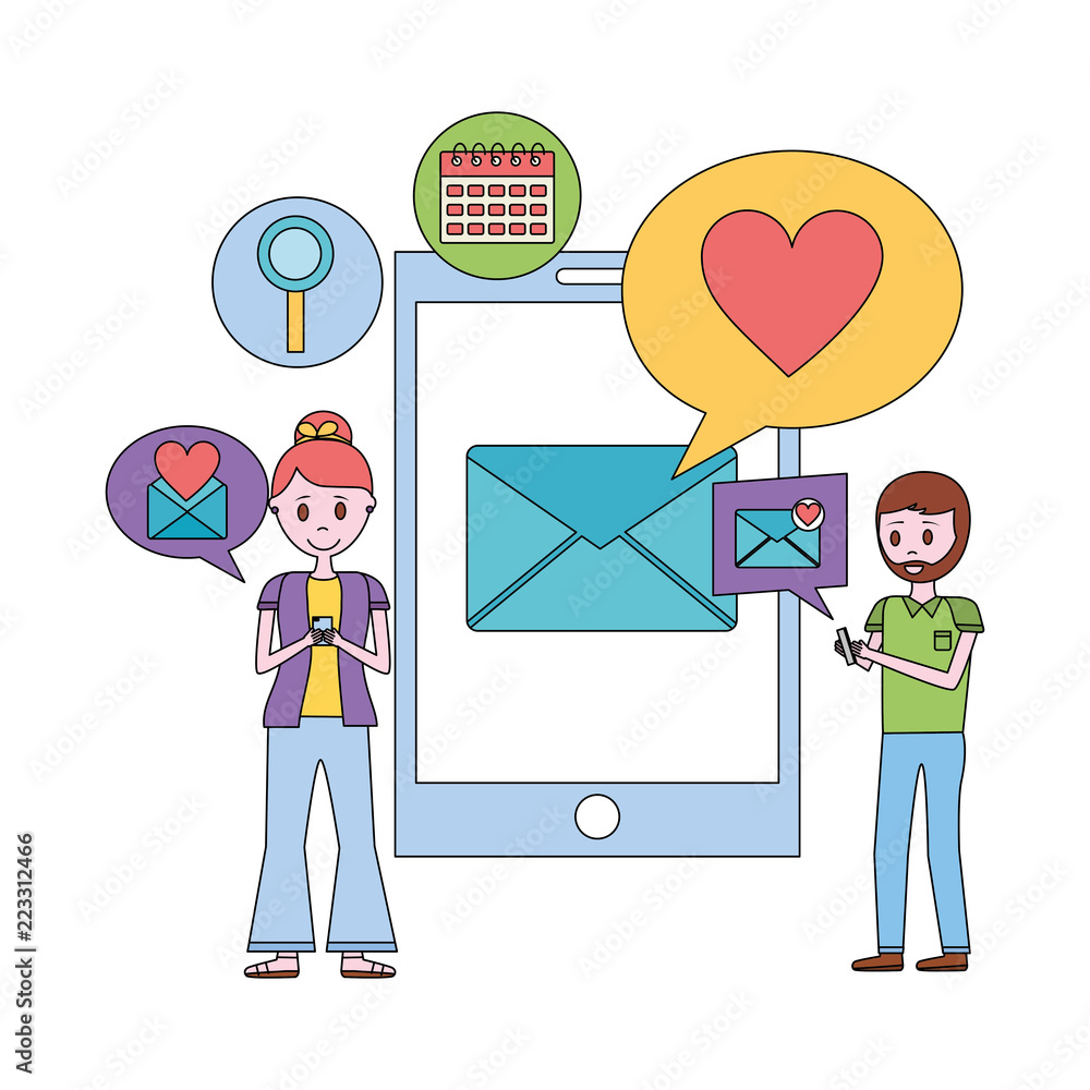 young couple with smartphone and set icons young couple with smartphone and set icons