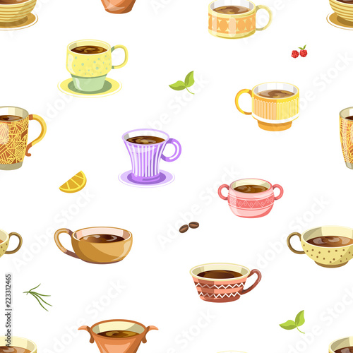 Coffee or tea poured in cup seamless pattern vector