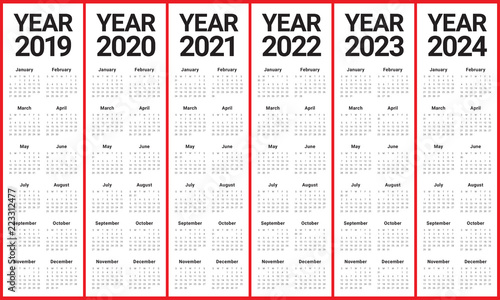 Year 2019 2020 2021 2022 2023 2024 calendar vector design template