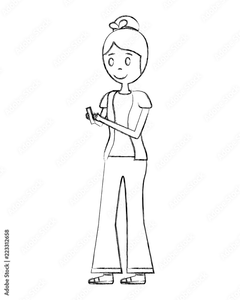 young woman standing character using mobile device young woman standing character using mobile device