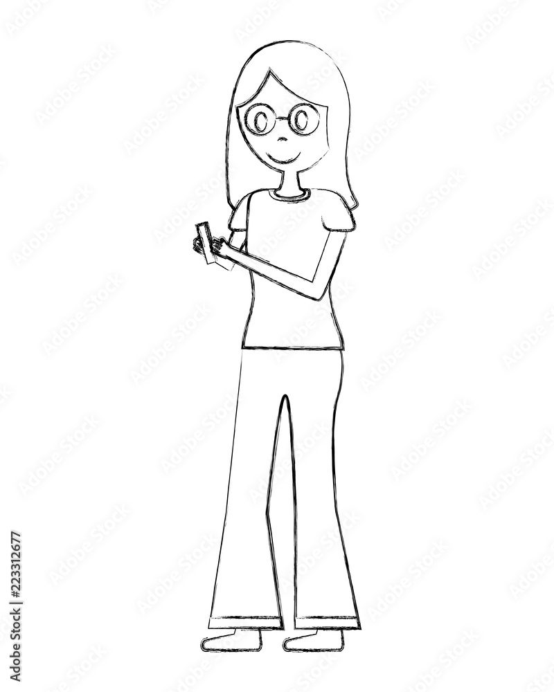 young woman standing character using mobile device young woman standing character using mobile device