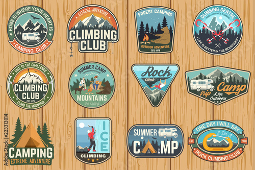 Set of Rock Climbing club and summer camp badges. Vector.