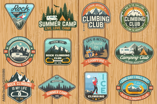Set of Rock Climbing club and summer camp badges. Vector.