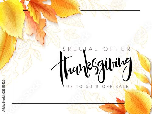 Vector greeting thanksgiving banner with hand lettering label - happy thanksgiving - with bright autumn leaves and doodle leaves