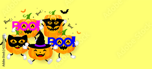 Set of cute cartoon pumpkin character design. Happy Halloween day concept with mask of black cat, bat, boo! and witch. Illustration isolated on yellow background.