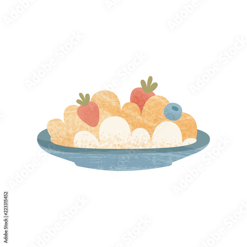 Plate of oatmeal with ripe strawberry and blueberry. Sweet and healthy breakfast. Flat vector icon with texture