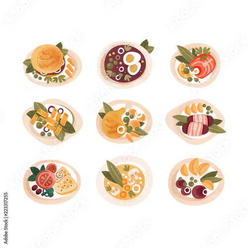 Classic dinner dishes set, dinner table top view vector Illustrations on a white background