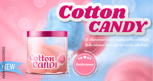 Vector ad poster with glass or plastic box with cotton candy. Promo banner with delicious summer food, traditional carnival product. Tasty confectionery, fluffy cloud sweetness. Soft dessert, yummy.