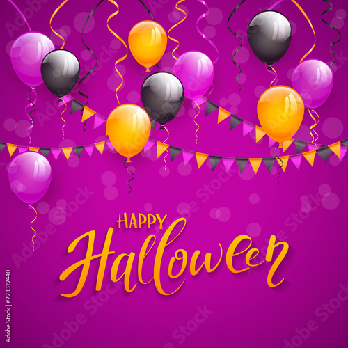 Text Happy Halloween and decoration on purple background