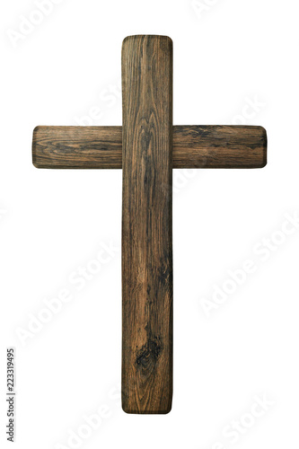 Wooden cross isolated on white background. Christian cross made from natural wood material. ( Clipping path ) photo