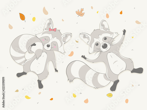 Lovely cute raccoons lie on the ground in leaves. Autumn cartoon animal.