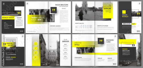 Abstract patch brochure cover design. Gray info data banner frame. Techno title sheet model set. Modern vector front page art. Urban city blurb texture. Yellow citation figure icon. Ad flyer text.