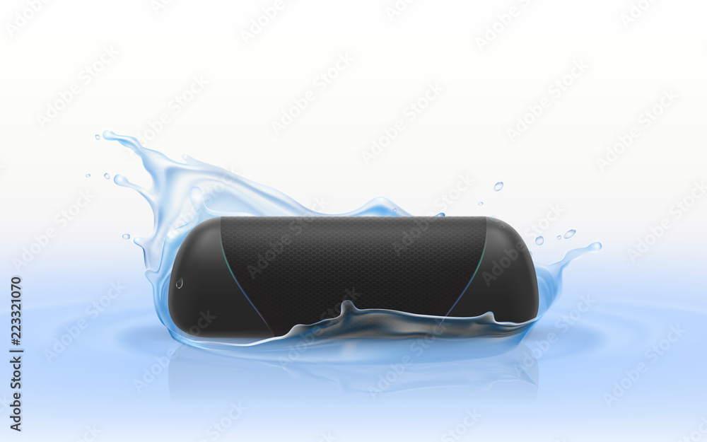 Vector 3d realistic portable loudspeaker in blue water. Waterproof wireless sound device isolated on white background, hi-fi stereo in splashing drops of liquid. Stereo equipment, electronic player. - obrazy, fototapety, plakaty 