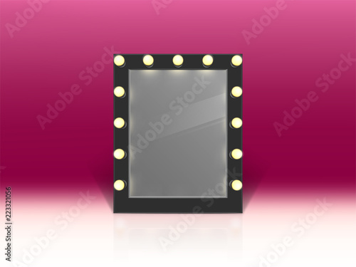 Vector illuminated mirror for makeup isolated on pink background. Shiny object for fashion model or theater actor. Light bulbs on black frame in dressing room, backstage.