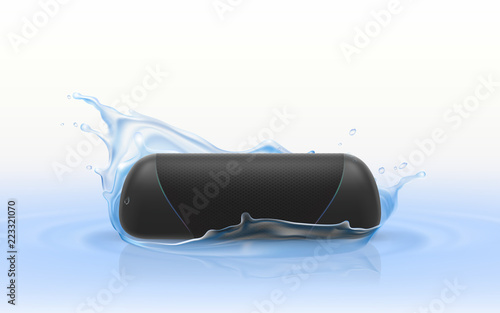 Vector 3d realistic portable loudspeaker in blue water. Waterproof wireless sound device isolated on white background, hi-fi stereo in splashing drops of liquid. Stereo equipment, electronic player.