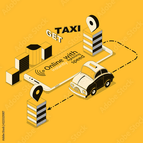 Vector 3d isometric online taxi in city, app for smartphone, mobile device. Map with thin line car in yellow and black colors. Technology with gps for travelling in town, urban concept.