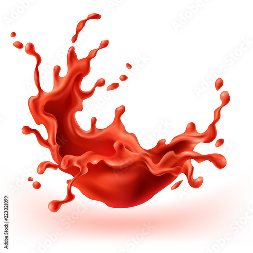 Vector red tomato splashing, juice or paint splash with drops. Blobs, blots with shadow isolated on white background. Appetizing liquid for advertising product, design element for promo banner.