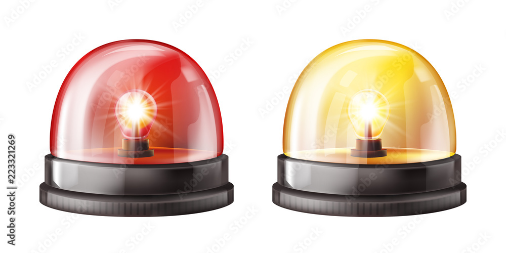 Siren lights vector illustration of red and yellow alarm lamps or police and ambulance emergency flashers. Isolated realistic 3D alert beacons set on white transparent background - obrazy, fototapety, plakaty 