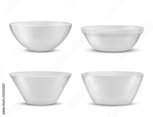 Vector 3d realistic porcelain tableware, white glass dishes for different food. Containers with shadows, tureens and glassware with reflections. Clear bowls, china ceramic.