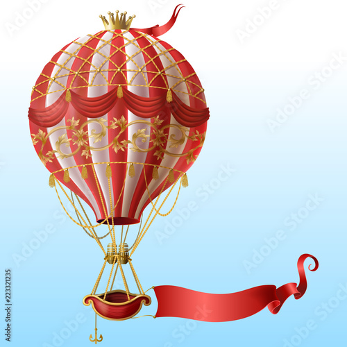 Vector realistic hot air balloon with vintage decor, crown, flying on blue sky with blank red ribbon for message. Aerostat with basket for royal travels. Template for poster, advertising banner, card