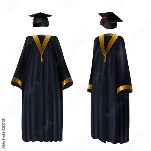 Graduation clothing, gown and cap vector realistic illustration. Traditional suit of school, college and university graduates with golden ribbon decoration, front and side view, isolated on white