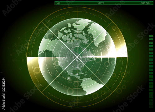 Green Radar Screen and World Map.Navigation system design.