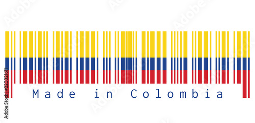 Barcode set the color of Colombia flag, tricolor of yellow blue and red on white background, text: Made in Colombia. concept of sale or business.