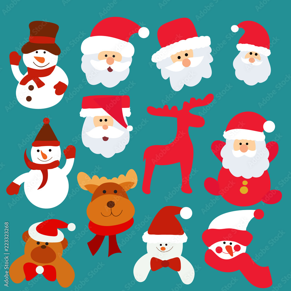 set of New Year's characters, Santa Claus, snowman, deer
