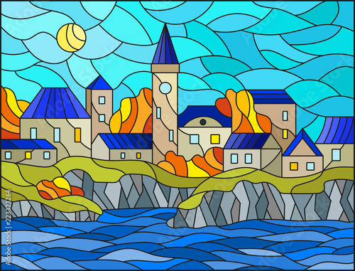 Illustration in stained glass style with river and city on the background of the daytime sky and the sun