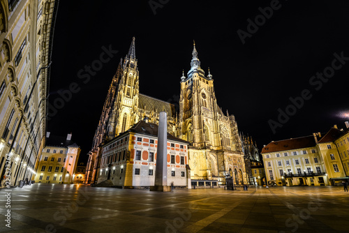 Night view on illumanated Saints Vitus Cathedral and Prague Castle , Prague, Czech Republic