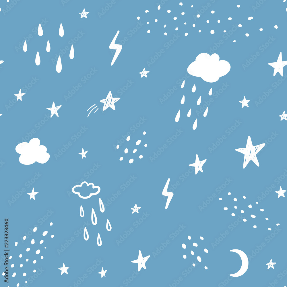 Hand drawn abstract seamless pattern. Rain, stars, clouds, lightning, space background
