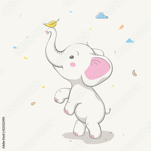 Lovely cute elephant playing with yellow leaf. Card with cartoon animal.