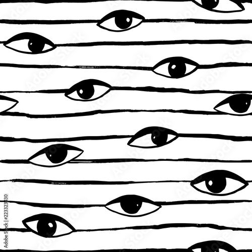 Hand drawn eye doodles icon seamless pattern in retro pop up style. Vector beauty illustration of open and close eyes for cards, textiles, wallpapers, backgrounds.