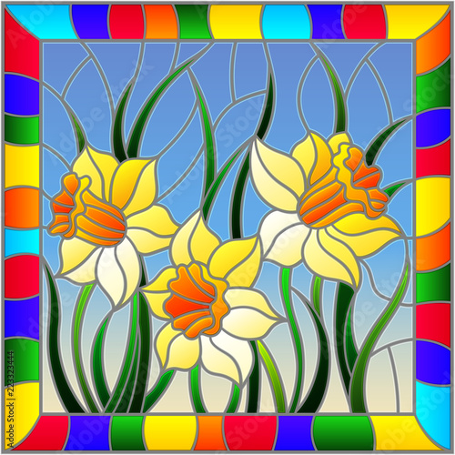 Illustration in stained glass style with yellow daffodils on blue background in bright frame, rectangular image