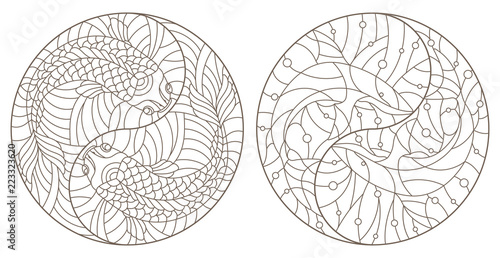 Set of contour illustrations of stained glass Windows with fish in the sign Yin Yang, sharks and crucians, dark contours on a white background